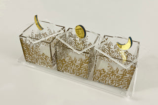 image Top angle view of Gold Moon and Gold Sun Dessert Box with gold printed pattern on Acrylic Tray white background open covers