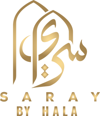 Saray by Hala Gold Logo written in Arabic and has arches over name