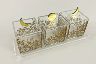 image Top angle view of Gold Moon and Gold Sun Dessert Box with gold printed pattern on Acrylic Tray white background