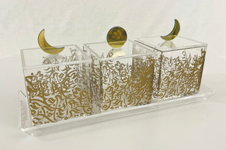 image Top angle view of Gold Moon and Gold Sun Dessert Box with gold printed pattern on Acrylic Tray white background